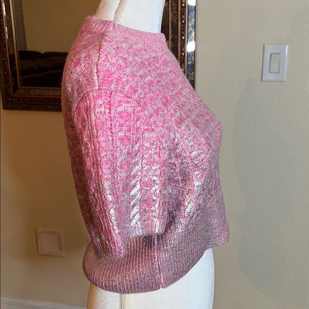 Zara Pink Metallic Short-Sleeve Cable Knit Sweater - Picture 9 of 17
